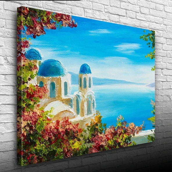 Çiçekli Terasta Mikanos ve Deniz Manzarası Yağlıboya Kanvas Tablo 50 x 70 ürün görseli 1