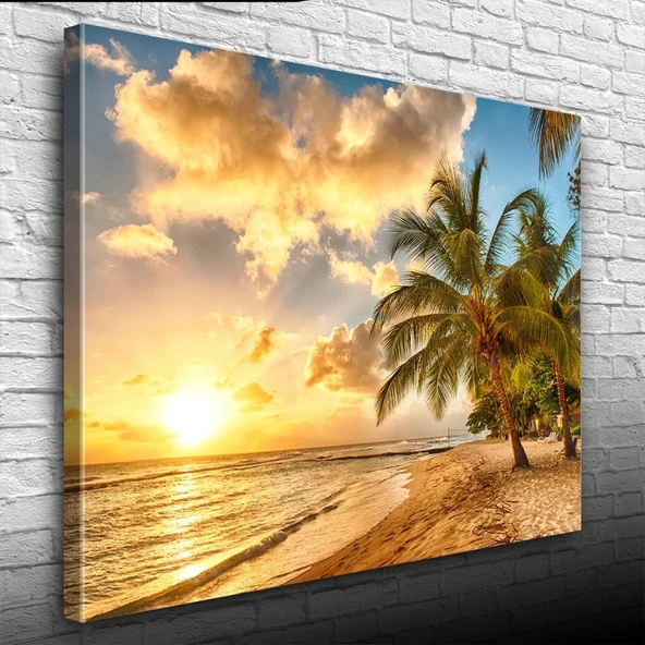 Kumsalda  Palmiyeler ve Günbatımı Kanvas Tablo 50 x 70 ürün görseli 1