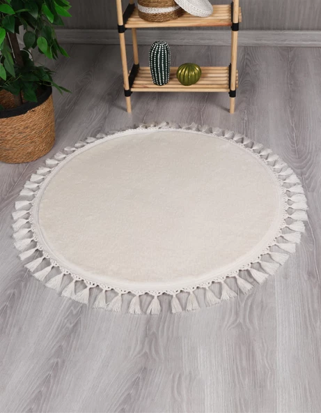 Modern Dekoratif Yuvarlak Puffy Peluş Ponpon Saçaklı Salon Oturma Odası Halısı Krem ürün görseli 1