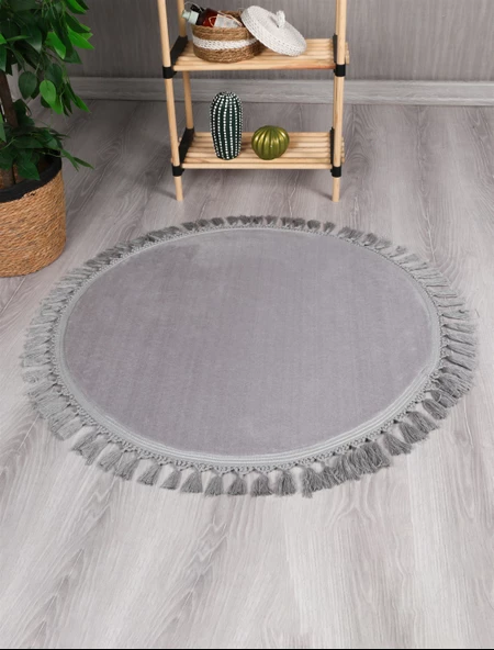 Modern Dekoratif Yuvarlak Puffy Peluş Ponpon Saçaklı Salon Oturma Odası Halısı Gri ürün görseli 1