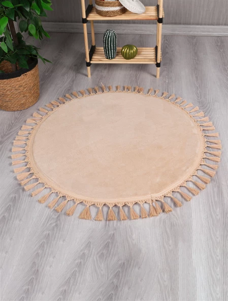 Modern Dekoratif Yuvarlak Puffy Peluş Ponpon Saçaklı Salon Oturma Odası Halısı Bej ürün görseli 1