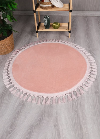 Modern Dekoratif Yuvarlak Puffy Peluş Ponpon Saçaklı Salon Oturma Odası Halısı Pembe ürün görseli 1