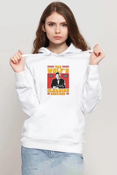 Pulp Fiction The Wolf's Cleaning Services Beyaz Kadın 3ip Kapşonlu Sweatshirt ürün görseli 1