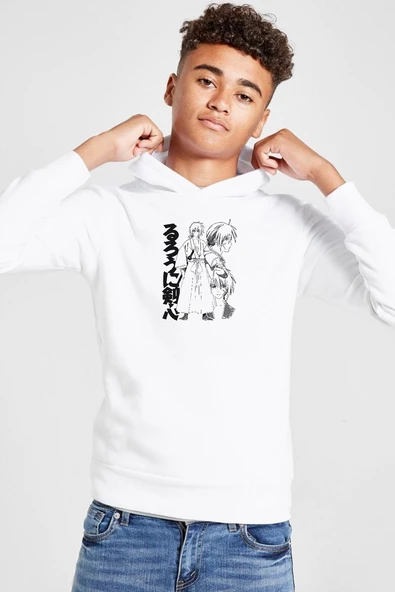 Rurouni Kenshin Black White Art Beyaz Çocuk 3ip Kapşonlu  Sweatshirt ürün görseli 1