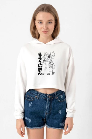 Rurouni Kenshin Black White Art Ekru Kadın Crop Kapşonlu ürün görseli 1