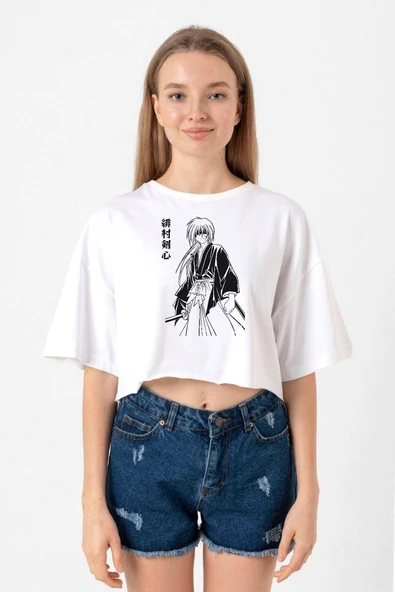 Rurouni Kenshin Poster Japan Beyaz Kadın Crop Tshirt ürün görseli 1