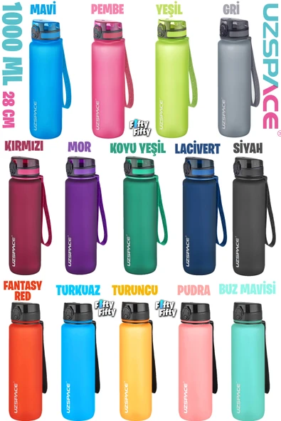 Uzspace Büyük Boy 28 cm 1000 ml 1 litre Tritan Su Matarası 14 Renk FiftyFifty Softtouch -3038a ürün görseli 1