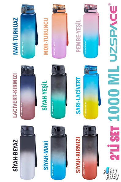 Uzspace 2'li Tritan Matara Seti 1000ml BÜYÜK BOY Çift Renk Softtouch FF Collection Tritan Su Matarası ürün görseli 1