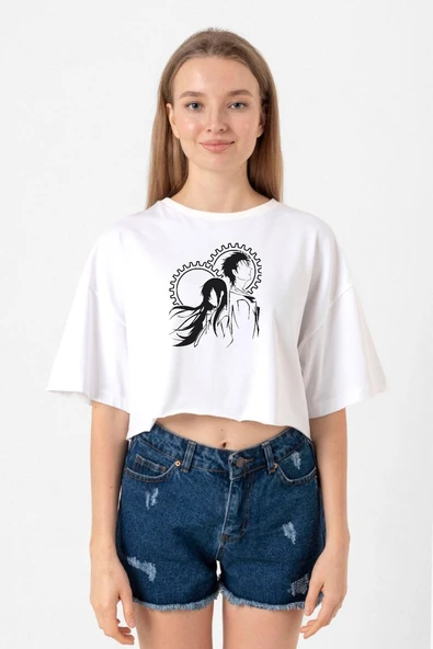 Steins Gate Okabe and Kurisu Beyaz Kadın Crop Tshirt ürün görseli 1