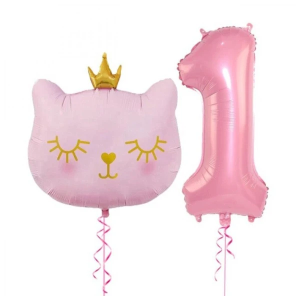 Sevimli Kedi 1 Rakam Folyo Balon Pembe ürün görseli 1