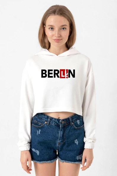La Casa De Papel Berlin Ak Ekru Kadın Crop Kapşonlu ürün görseli 1