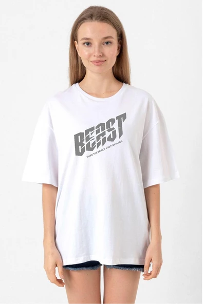 Mr Beast Make The World Beyaz Kadın Oversize Tshirt ürün görseli 1