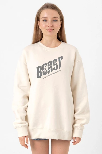 Mr Beast Make The World Ekru Kadın 2ip Sweatshirt ürün görseli 1