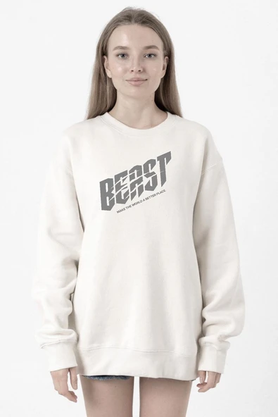 Mr Beast Make The World Beyaz Kadın 2ip Sweatshirt ürün görseli 1