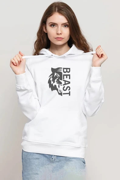 Mr Beast Half Face Beyaz Kadın 3ip Kapşonlu Sweatshirt ürün görseli 1