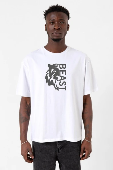 Mr Beast Half Face Beyaz Erkek Oversize Tshirt ürün görseli 1