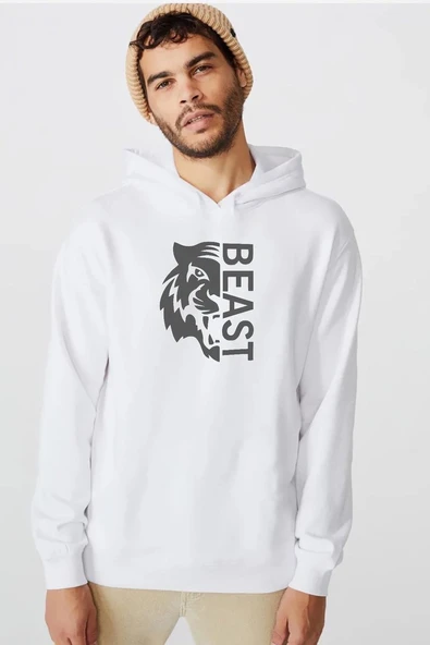 Mr Beast Half Face Beyaz Erkek 3ip Kapşonlu  Sweatshirt ürün görseli 1