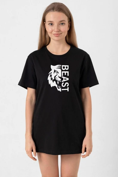 Mr Beast Half Face Siyah Kadın Oversize Tshirt ürün görseli 1