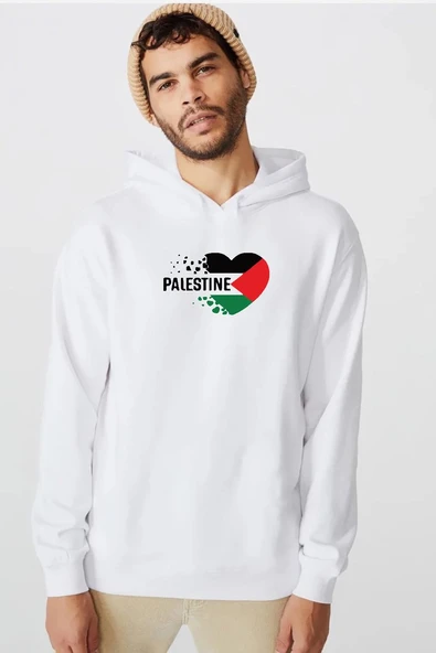 Heart Palestine Flag Beyaz Erkek 3ip Kapşonlu  Sweatshirt ürün görseli 1