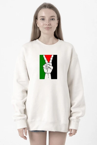 Free Hand Palestine Flag Beyaz Kadın 2ip Sweatshirt ürün görseli 1