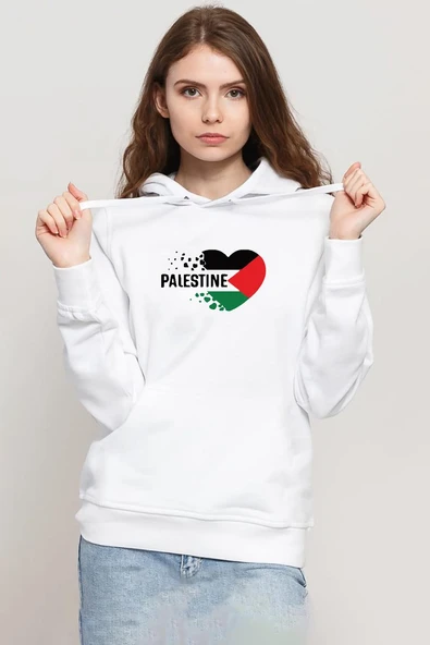 Heart Palestine Flag Beyaz Kadın 3ip Kapşonlu Sweatshirt ürün görseli 1