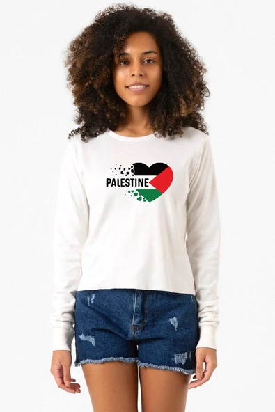 Heart Palestine Flag Ekru Ekstra Uzunkol Sweatshirt ürün görseli 1