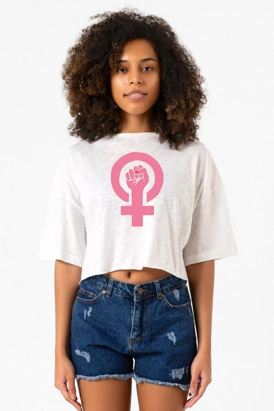 Pink Venus Symbol Hand Beyaz Kırçıllı Kadın Crop Tshirt ürün görseli 1