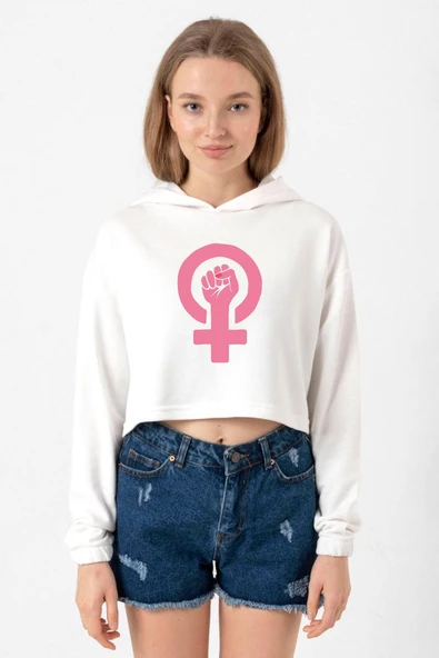 Pink Venus Symbol Hand Ekru Kadın Crop Kapşonlu ürün görseli 1