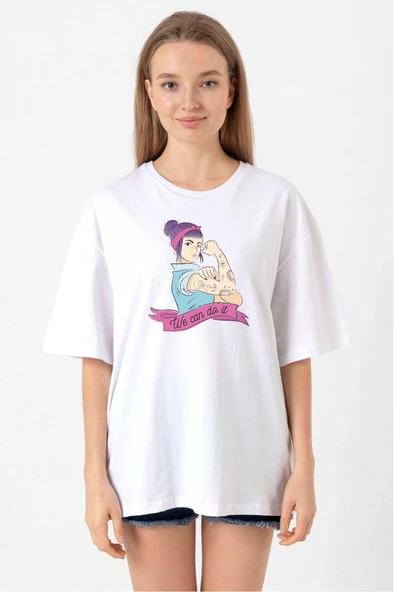 We Can Do It Beyaz Kadın Oversize Tshirt ürün görseli 1