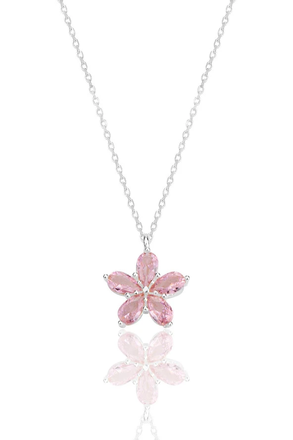 Gümüş rodyumlu damla kesim pembe taşlı çiçek kolye SGTL12408PEMBE ürün görseli 1