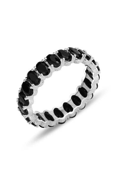 Gümüş rodyumlu oval baget kesim onix taşlı tamtur yüzük SGTL12400SIYAH ürün görseli 1