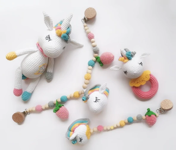 Unicorn Modeli Yenidoğan Seti Amigurumi Organik Oyuncak ürün görseli 1
