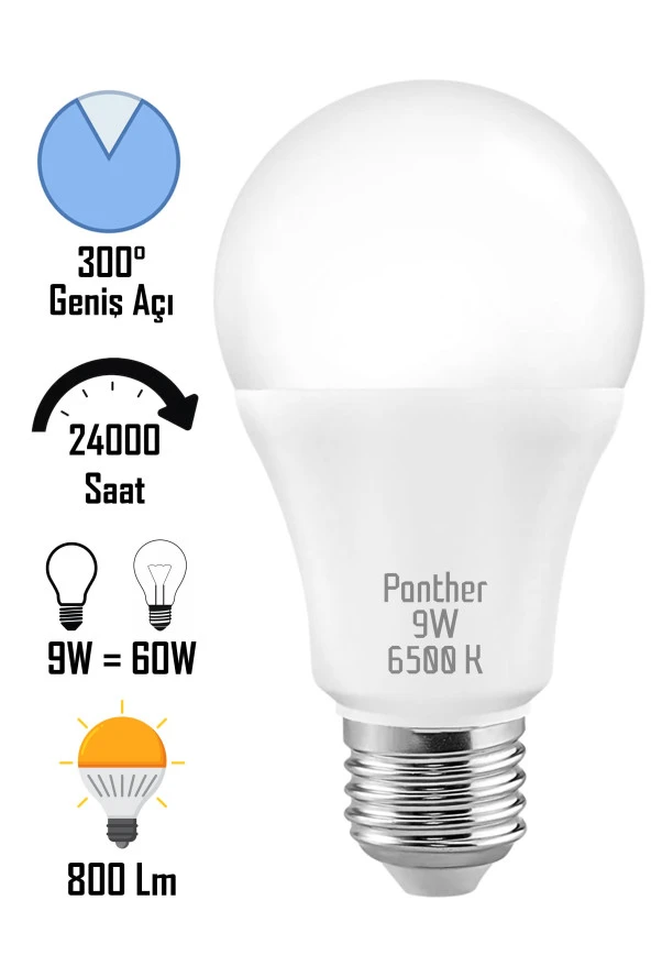 9W Beyaz LED E27 Ampul Tasarruflu Lamba 6500 K Beyaz Işık 800 Lümen 9W=60W ürün görseli 1