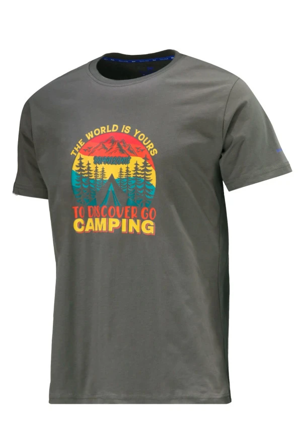 Erkek Bisiklet Yaka Standart Fit Discovery Göğüs Baskılı Haki T-Shirt ürün görseli 1