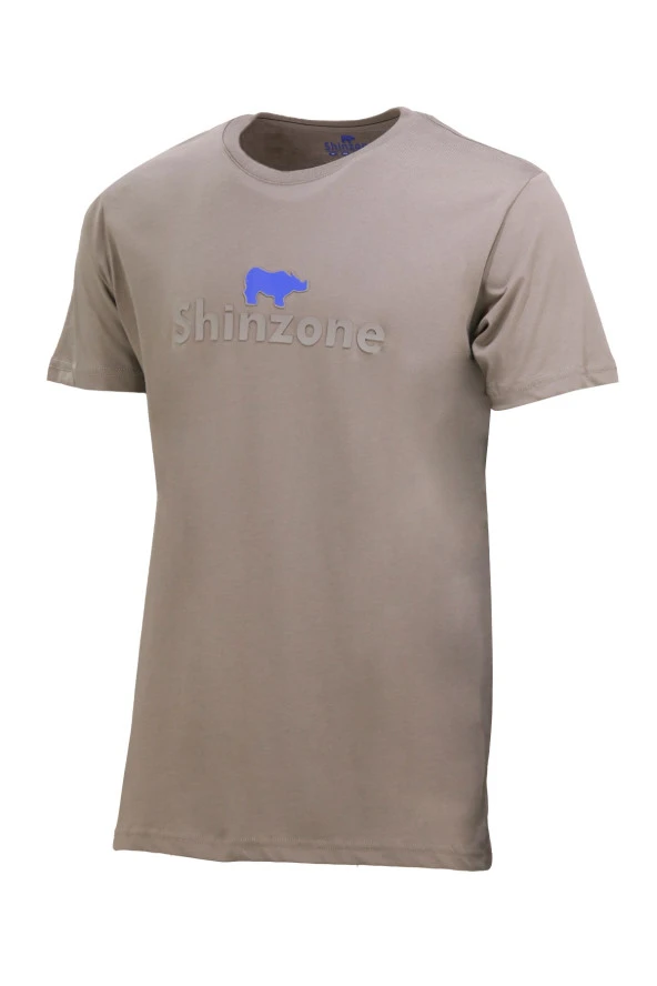 Erkek Bisiklet Yaka Standart Fit Kabartma Göğüs Baskılı Vizon T-Shirt ürün görseli 1