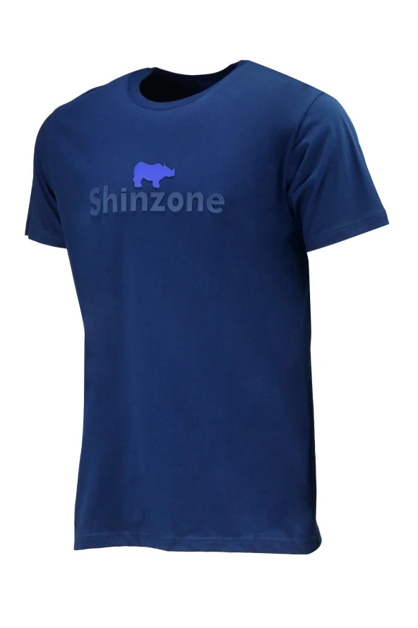 Erkek Bisiklet Yaka Standart Fit Kabartma Göğüs Baskılı İndigo T-Shirt ürün görseli 1