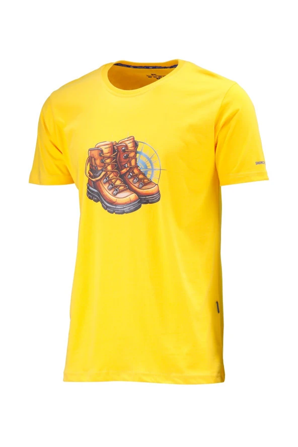 Erkek Bisiklet Yaka Standart Fit Bot Göğüs Baskılı Sarı T-Shirt ürün görseli 1