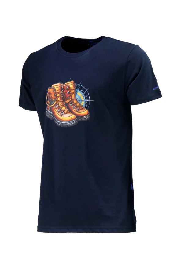 Erkek Bisiklet Yaka Standart Fit Bot Göğüs Baskılı Lacivert T-Shirt ürün görseli 1