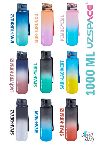 Uzspace FiftyFifty 1000ml BÜYÜK BOY Çift Renk Softtouch FF Collection Tritan Su Matarası ürün görseli 1