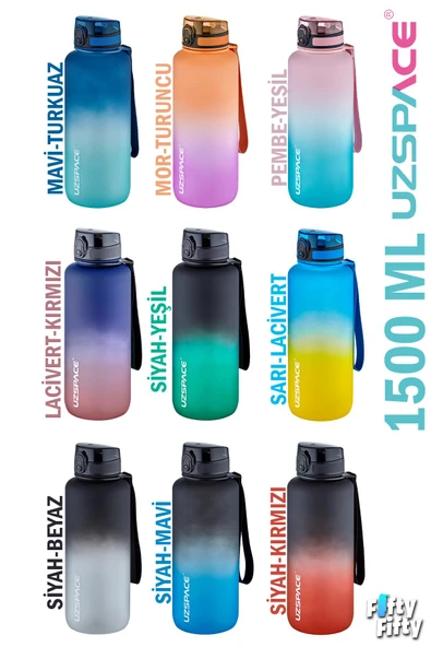 Uzspace Motivasyon Matarası 1500 ml MEGA BÜYÜK BOY Çift Renk Tritan 8 Farklı Renk ürün görseli 1