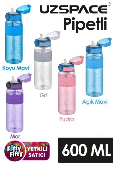 Uzspace FiftyFifty Pipetli(ısırılamaz) 600 ml Silikon Gövde Tritan Su Matarası ürün görseli 1