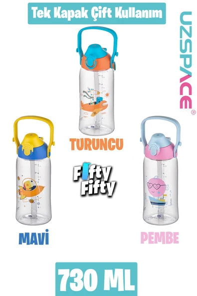 Uzspace 730ml Tritan Tek Kapak Çift Kullanım Pipetli/Pipetsiz Askı Aparatlı Tritan Çocuk Su Matarası ürün görseli 1