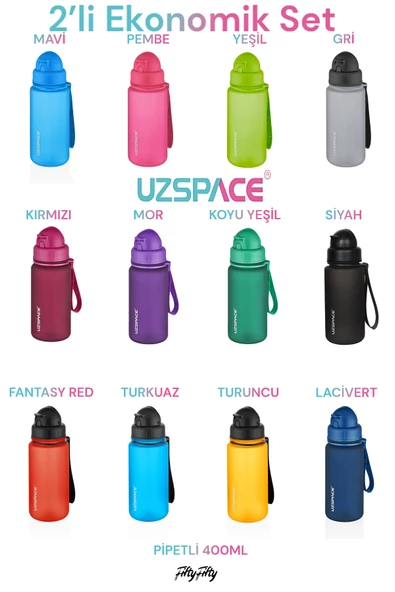 Uzspace 2'li Pipetli Tritan Matara Seti 400 ml FiftyFifty -3024seta ürün görseli 1