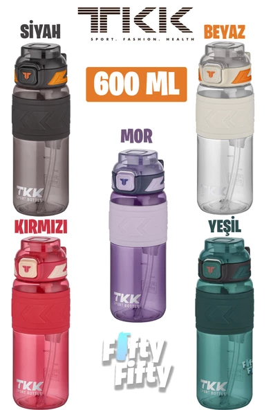 TKK 600 ML Çift Kullanım Pipetli/Rahat içim Bpa İçermeyen Taşıma Askılı Tritan Su Matarası FFTKK1019-600 ürün görseli 1