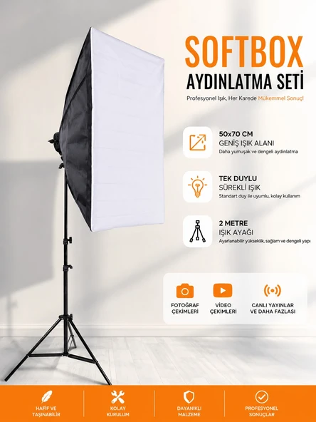 Rabsev Softbox Aydınlatma Seti 50x70 cm 2 Metre Işık Ayağı Fotoğraf Video YouTube Canlı Yayın ürün görseli 1