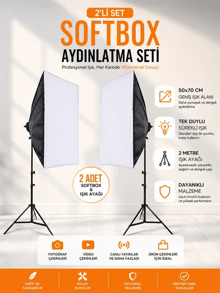 Rabsev 2'li Softbox Aydınlatma Seti 50x70 cm 2 Metre Işık Ayağı Fotoğraf Video YouTube Canlı Yayın ürün görseli 1