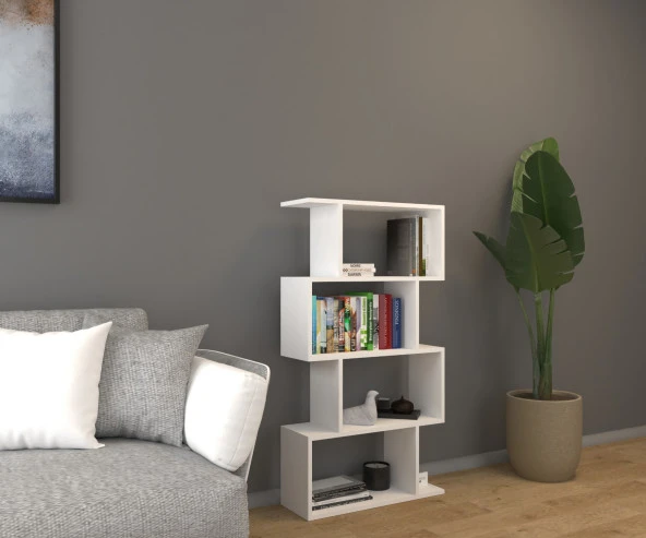 Mirobi 4 Raflı Kitaplık, Dekoratif Raf Zigzag Kitaplık, Beyaz Renk ürün görseli 1
