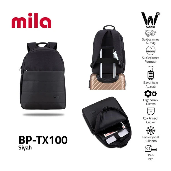 Classone Mila TX100 Serisi 15,6 inch , Su Geçirmez Kumaş ve Su Geçirmez fermuar Notebook, Laptop , Macbook  Sırt Çantası -Siyah ürün görseli 1