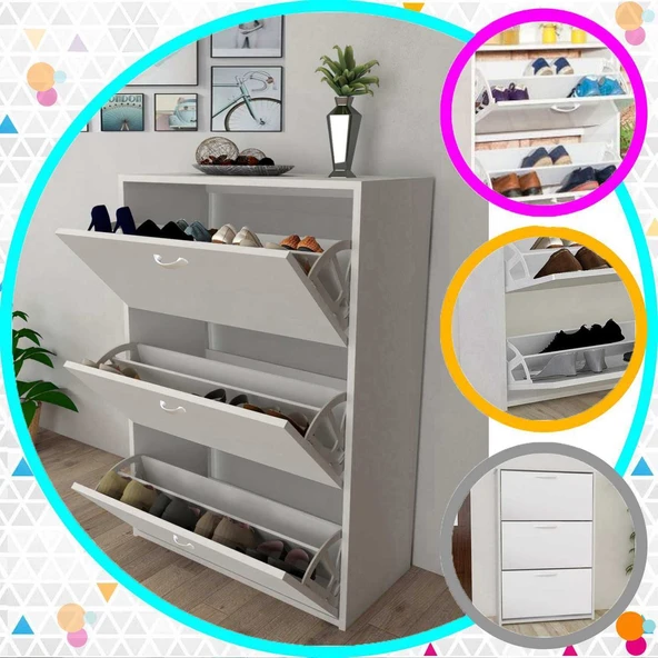 Modilayn TRIPLEX Kapıönü 3 Katlı Düşer Kapak Beyaz Ayakkabılık, Ayakkabı Dolabı, Beyaz ürün görseli 1