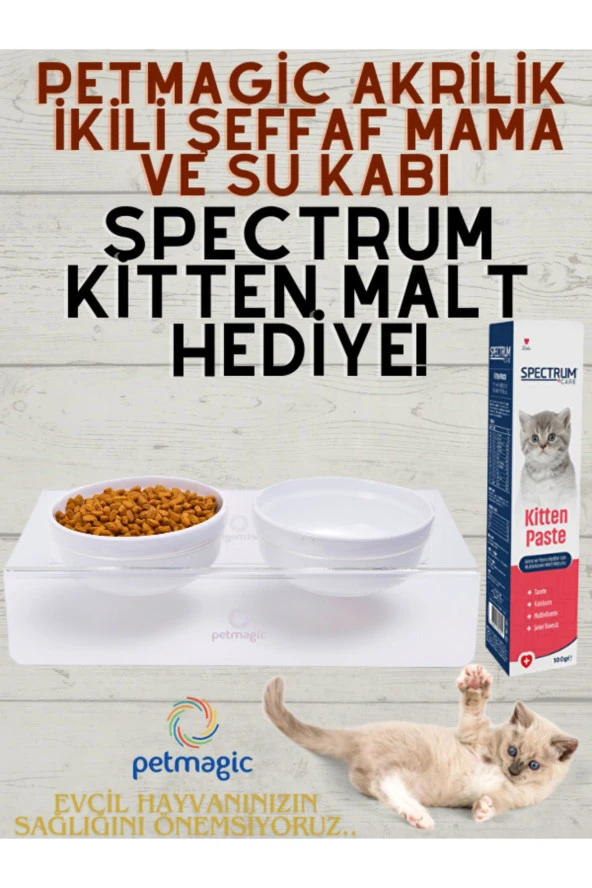 PetMagic Akrilik Beyaz Seramik Kaseli Kedi Mama Su Kabı-Spectrum Yavru Kedi Malt Hediyeli! ürün görseli 1